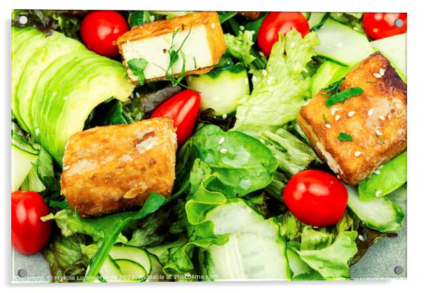 Fresh salad of fried tofu and fresh vegetables. Acrylic by Mykola Lunov Mykola