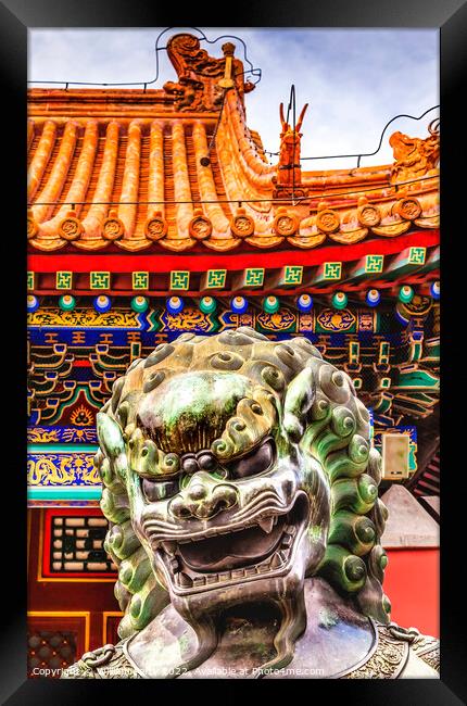 Dragon Bronze Statue Roof Summer Palace Beijing China Framed Print by William Perry
