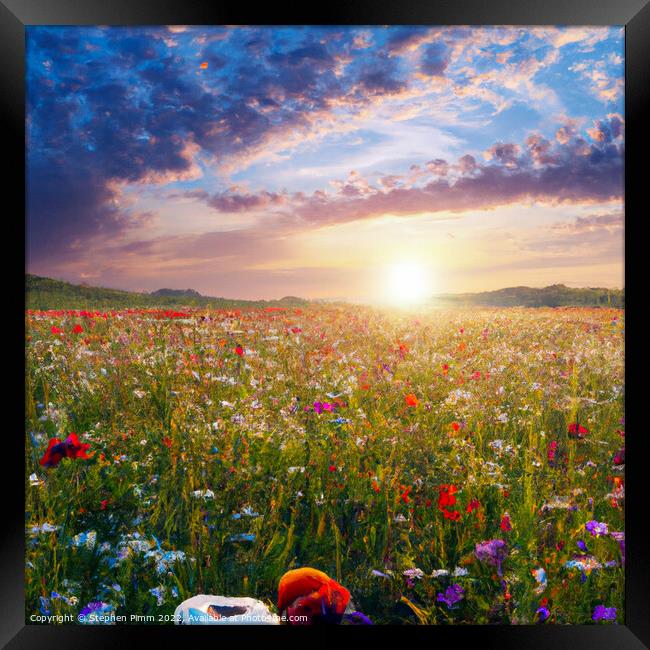 AI Sunrise over flower meadow Framed Print by Stephen Pimm