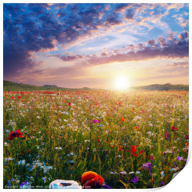 AI Sunrise over flower meadow Print by Stephen Pimm
