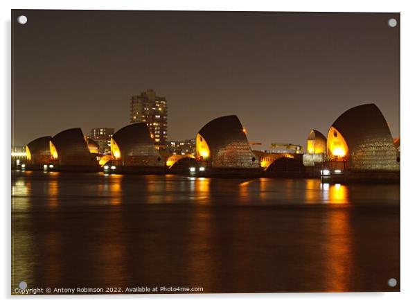 Thames Barrier lit up at night Acrylic by Antony Robinson