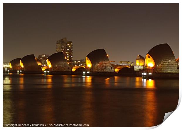 Thames Barrier lit up at night Print by Antony Robinson
