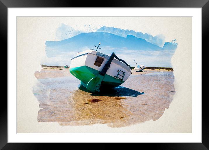 Watercolour of boat on sand Framed Mounted Print by youri Mahieu