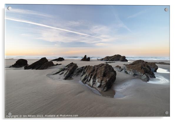 Rocks at low water at Tregantle beach Cornwall Acrylic by Jim Peters
