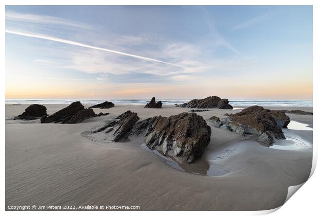 Rocks at low water at Tregantle beach Cornwall Print by Jim Peters