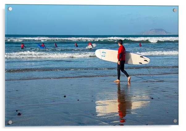 Surfers on Famara Beach Acrylic by Joyce Storey