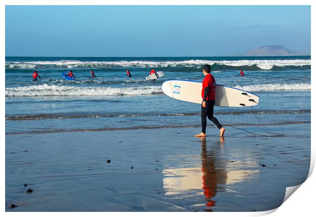 Surfers on Famara Beach Print by Joyce Storey