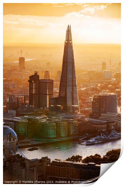 Aerial London view of the Shard skyscraper sunset   Print by Spotmatik 
