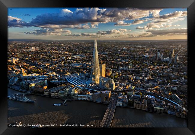 Aerial London skyscrapers rail station river Thames England Framed Print by Spotmatik 