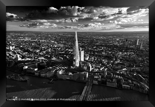 Aerial London skyscrapers rail station river Thames England Framed Print by Spotmatik 
