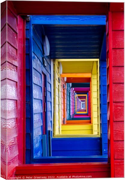View Through The Porches Of Colourful Wooden Beach Huts At Saltb Canvas Print by Peter Greenway