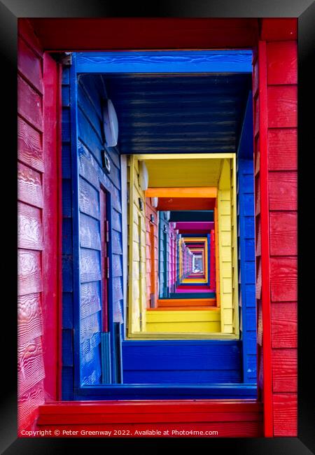 View Through The Porches Of Colourful Wooden Beach Huts At Saltb Framed Print by Peter Greenway