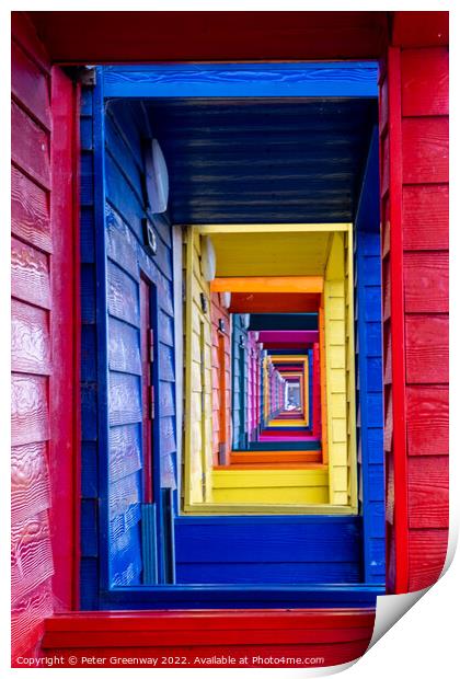 View Through The Porches Of Colourful Wooden Beach Huts At Saltb Print by Peter Greenway