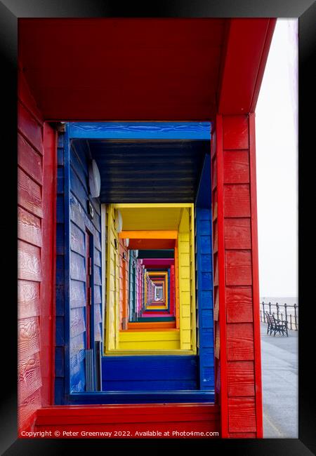 View Through The Porches Of Colourful Wooden Beach Huts At Saltb Framed Print by Peter Greenway