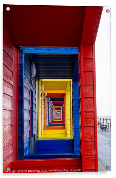 View Through The Porches Of Colourful Wooden Beach Huts At Saltb Acrylic by Peter Greenway
