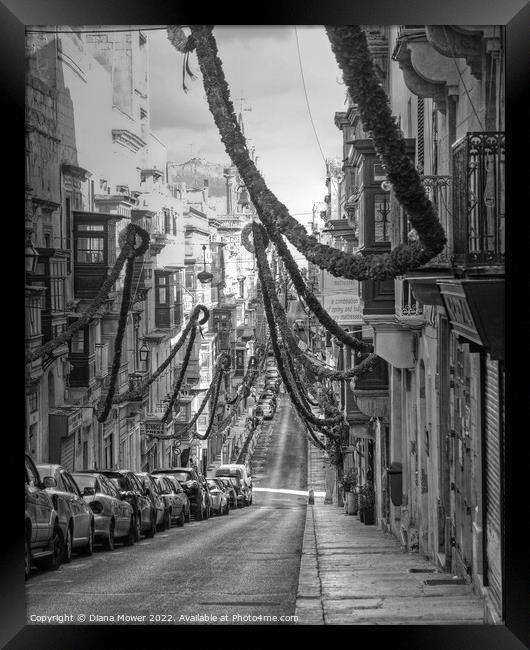 Valletta Street Festival time monochrome Framed Print by Diana Mower