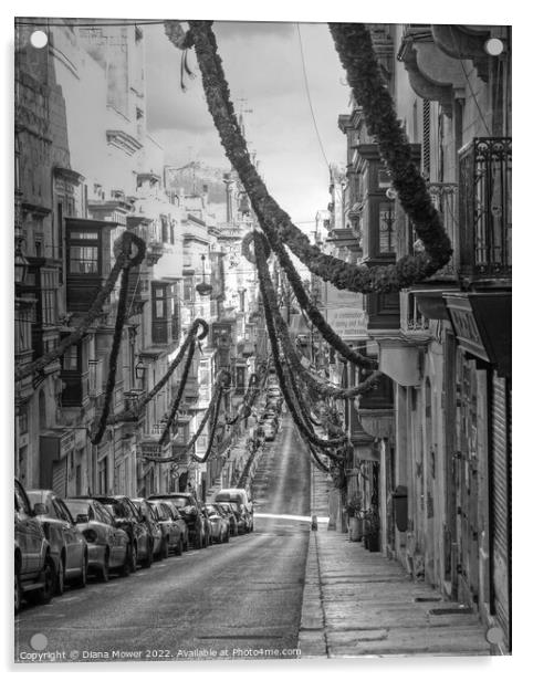 Valletta Street Festival time monochrome Acrylic by Diana Mower