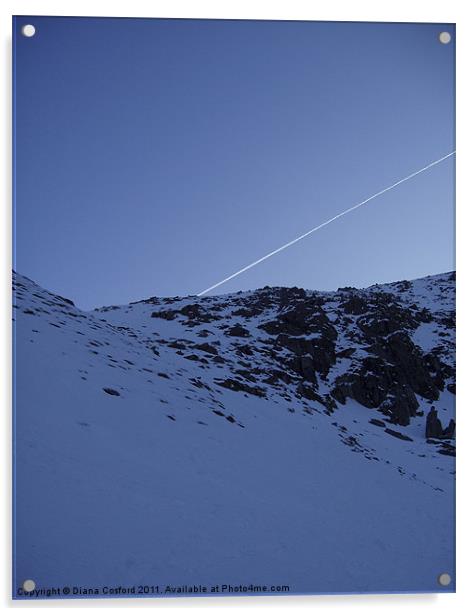Snowy mountain & flight path Acrylic by DEE- Diana Cosford