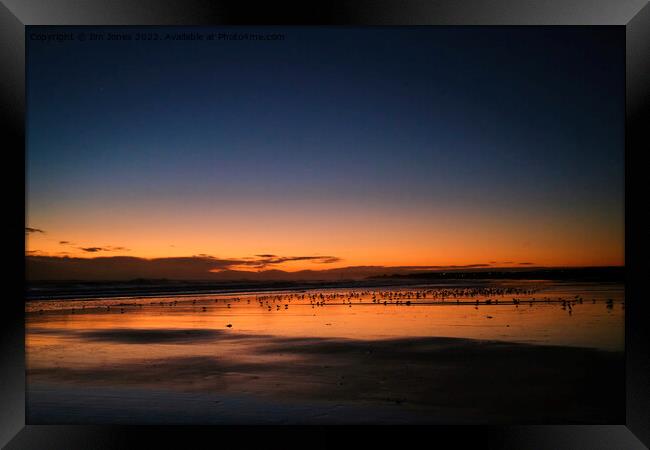 Silhouetted Seagulls on the Sand before Sunrise (2) Framed Print by Jim Jones