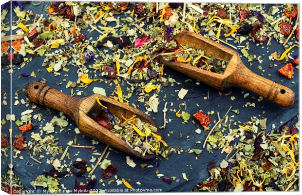 Flowers tea mix in a wooden scoops Canvas Print by Mykola Lunov Mykola