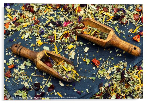 Flowers tea mix in a wooden scoops Acrylic by Mykola Lunov Mykola