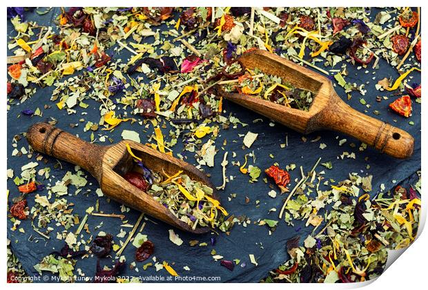 Flowers tea mix in a wooden scoops Print by Mykola Lunov Mykola