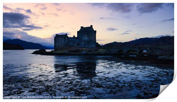 Eilean Donan Castle at sunset Print by Ann Biddlecombe