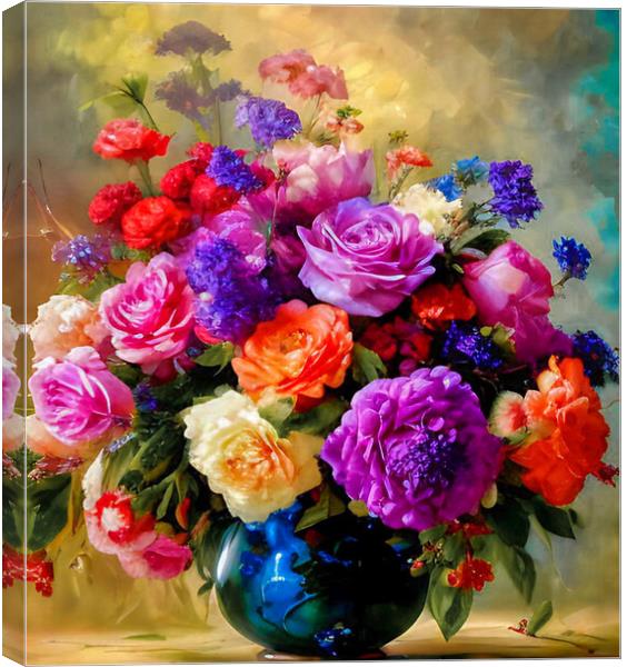 Vibrant Bouquet in Blue Vase Canvas Print by Roger Mechan