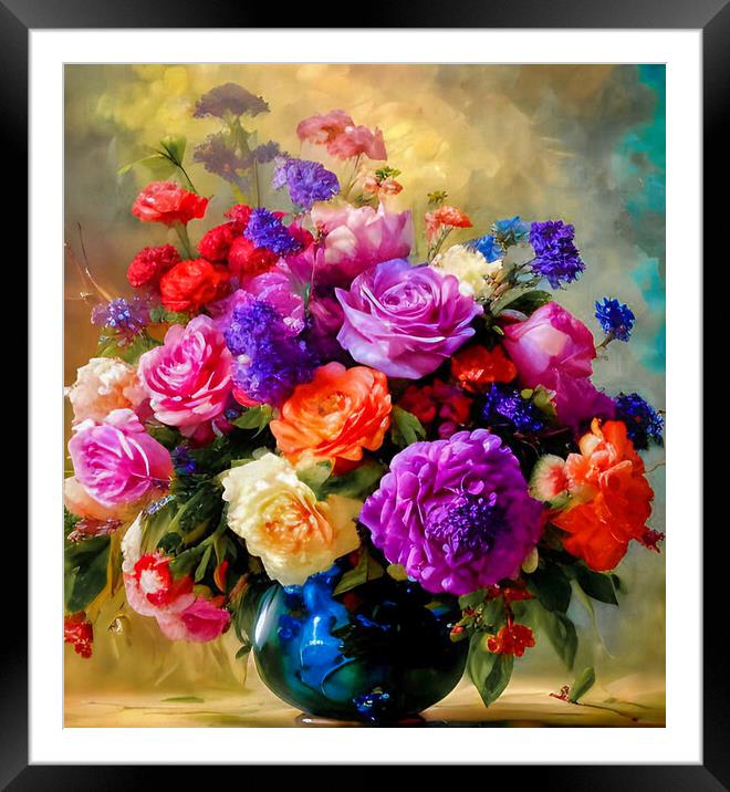 Vibrant Bouquet in Blue Vase Framed Mounted Print by Roger Mechan