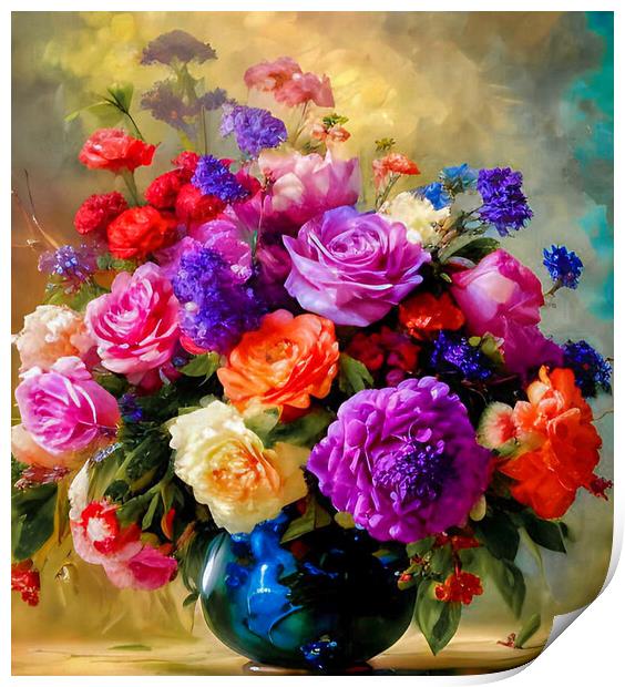 Vibrant Bouquet in Blue Vase Print by Roger Mechan