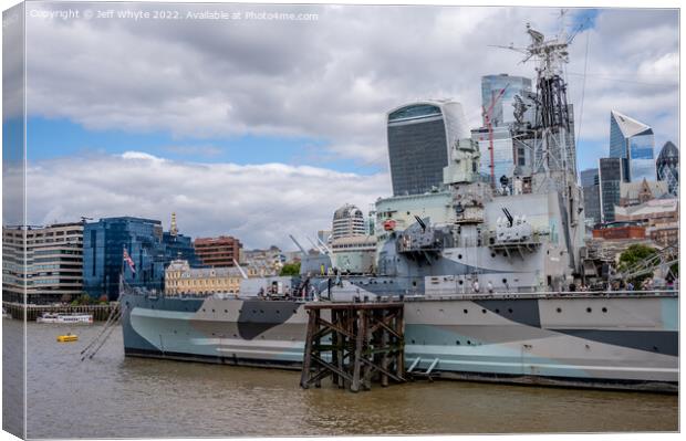 HMS Belfast warship on the river Thames Canvas Print by Jeff Whyte