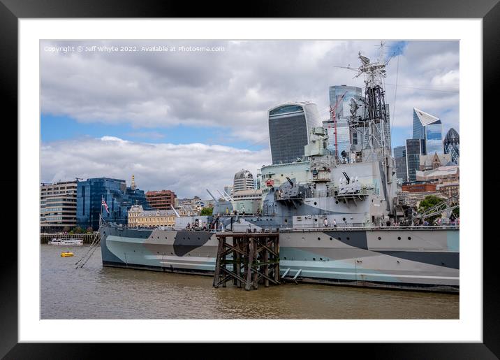 HMS Belfast warship on the river Thames Framed Mounted Print by Jeff Whyte