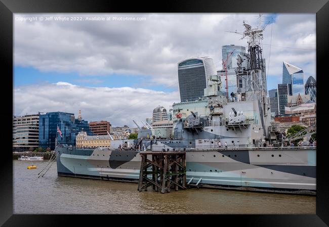 HMS Belfast warship on the river Thames Framed Print by Jeff Whyte