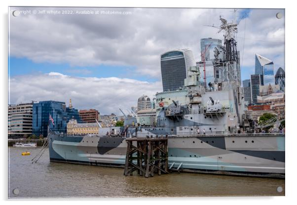 HMS Belfast warship on the river Thames Acrylic by Jeff Whyte