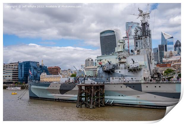 HMS Belfast warship on the river Thames Print by Jeff Whyte