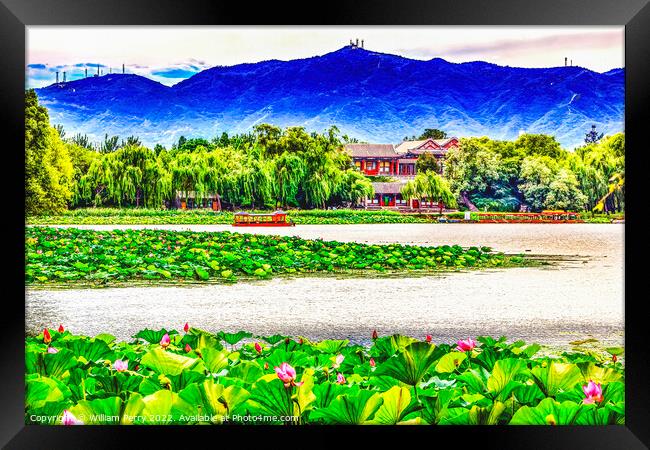 Lotus Garden Boat Buildings Summer Palace Beijing, Framed Print by William Perry