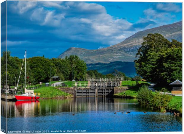 Corpach Double Loch at Corpach Basin near Fort William with Glen Nevis mountain in the distance. Scottish Highlands, Scotland Canvas Print by Mehul Patel