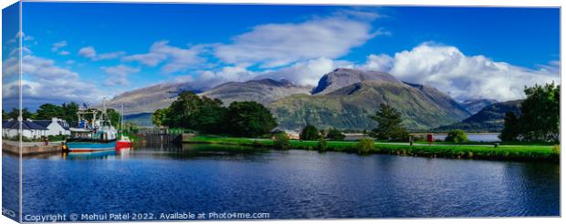 Panoramic view of Corpach Basin and Glen Nevis mountain range, Lochaber, Scottish Highlands Canvas Print by Mehul Patel