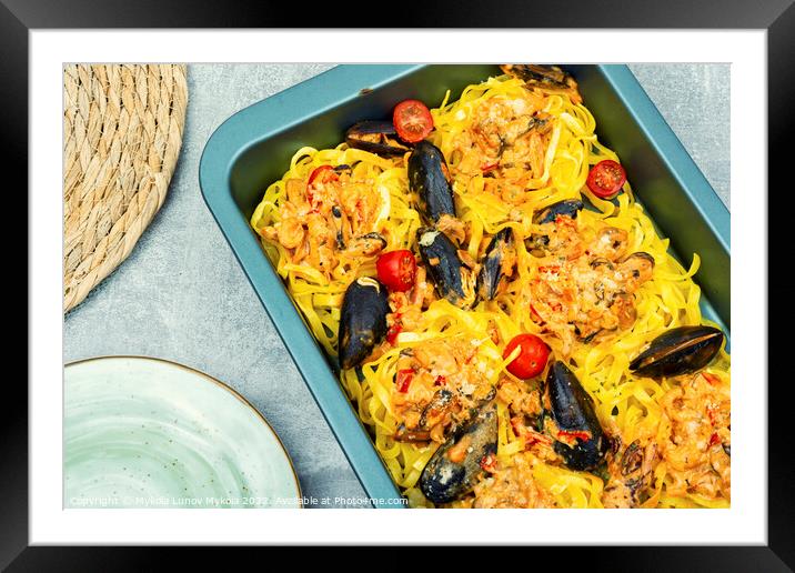 Seafood pasta with clams, spaghetti Framed Mounted Print by Mykola Lunov Mykola