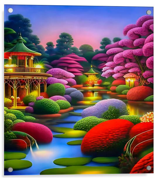 Serene Japanese Oasis Acrylic by Roger Mechan