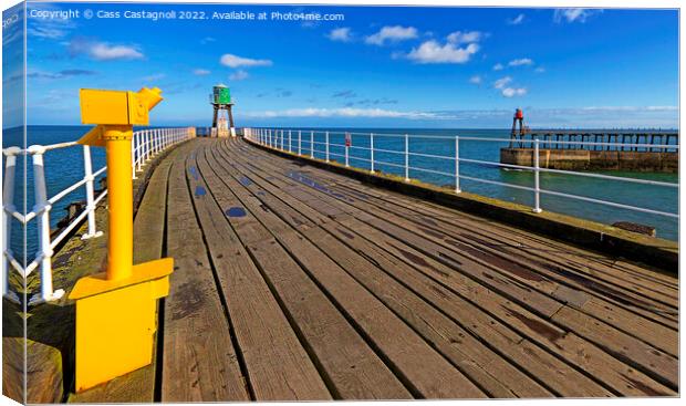 Whitby Piers-Yellow, Green, Red and Sky Blue Canvas Print by Cass Castagnoli