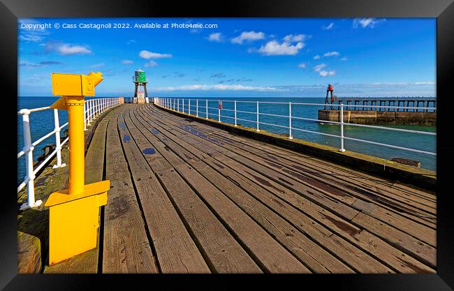 Whitby Piers-Yellow, Green, Red and Sky Blue Framed Print by Cass Castagnoli