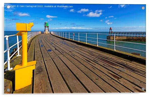 Whitby Piers-Yellow, Green, Red and Sky Blue Acrylic by Cass Castagnoli