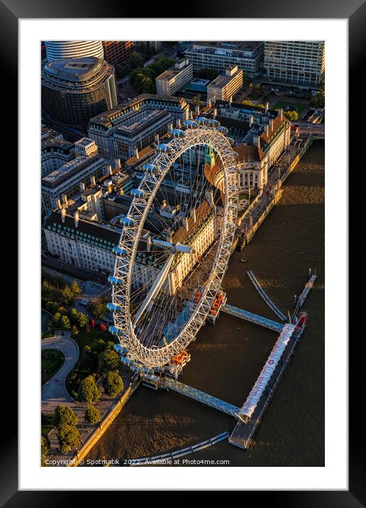 Aerial view of London Eye tourist attraction UK Framed Mounted Print by Spotmatik 