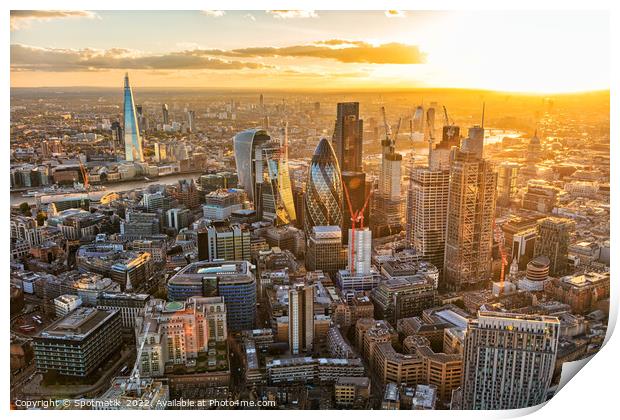 Aerial London at sunset city skyscrapers financial district  Print by Spotmatik 