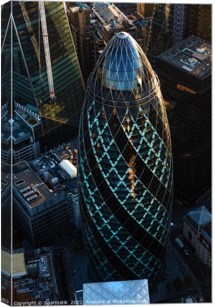 Aerial Gherkin London skyscraper building commercial district  Canvas Print by Spotmatik 