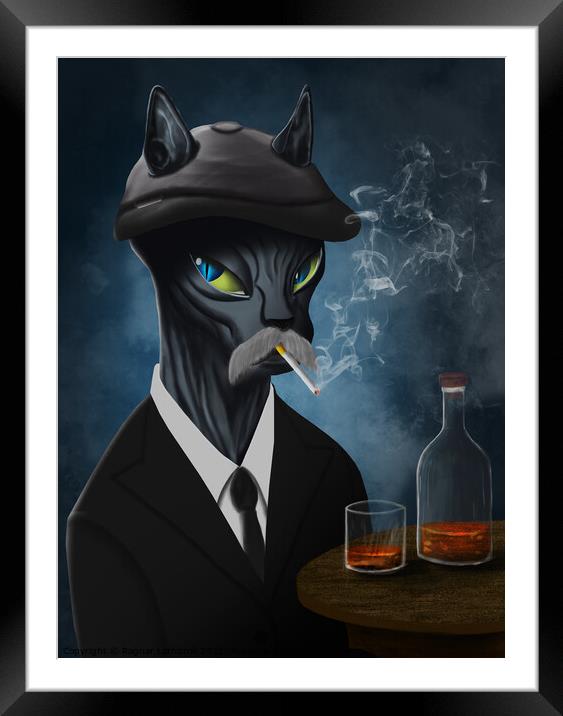 Gangster cat in black suit smoking and drinking whisky Framed Mounted Print by Ragnar Lothbrok