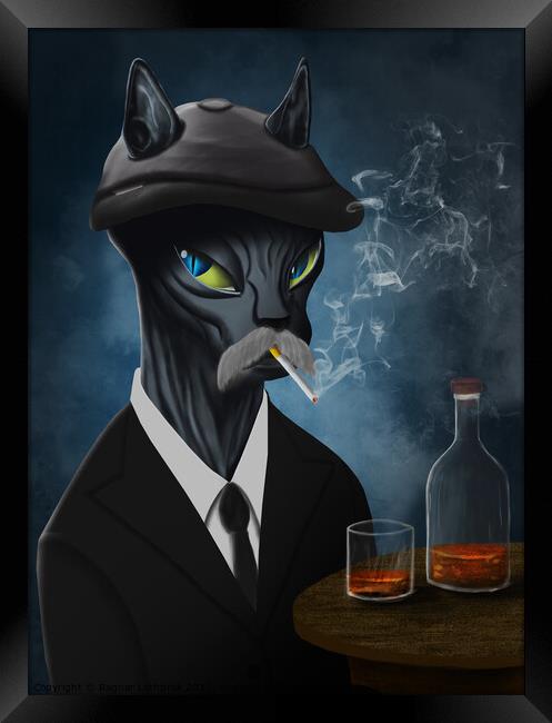 Gangster cat in black suit smoking and drinking whisky Framed Print by Ragnar Lothbrok
