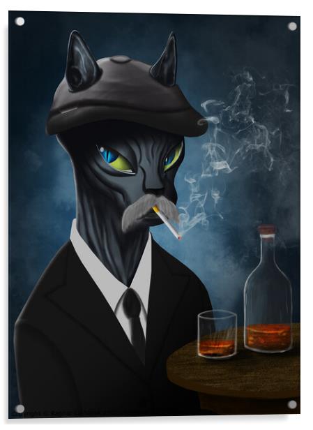Gangster cat in black suit smoking and drinking whisky Acrylic by Ragnar Lothbrok