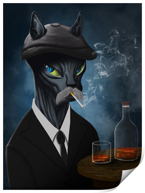 Gangster cat in black suit smoking and drinking whisky Print by Ragnar Lothbrok